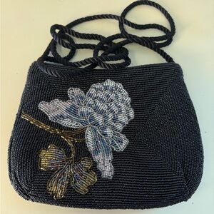 Elegant Black Beaded Floral Shoulder Bag